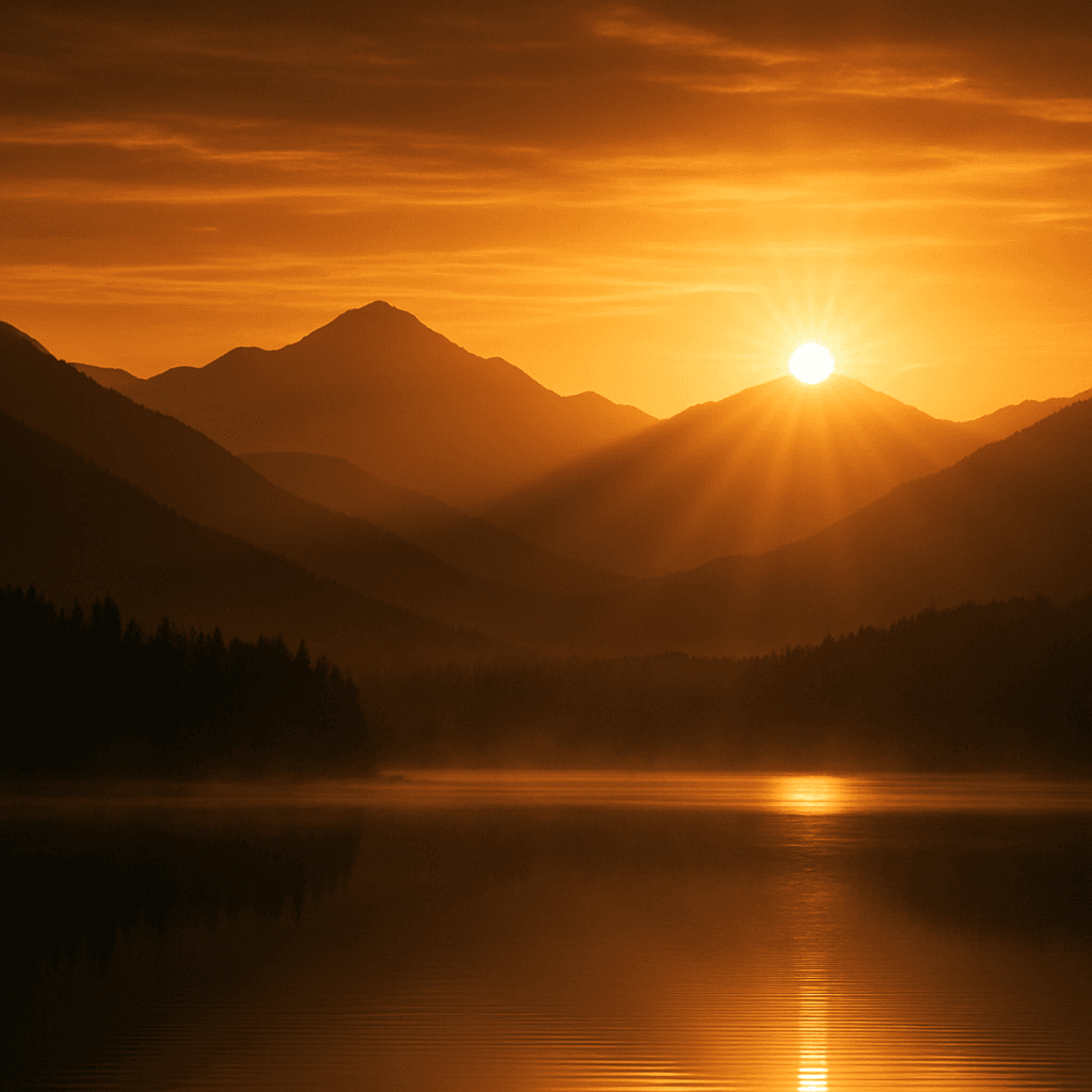 Golden sunrise breaking over silhouetted mountain ranges above a calm lake