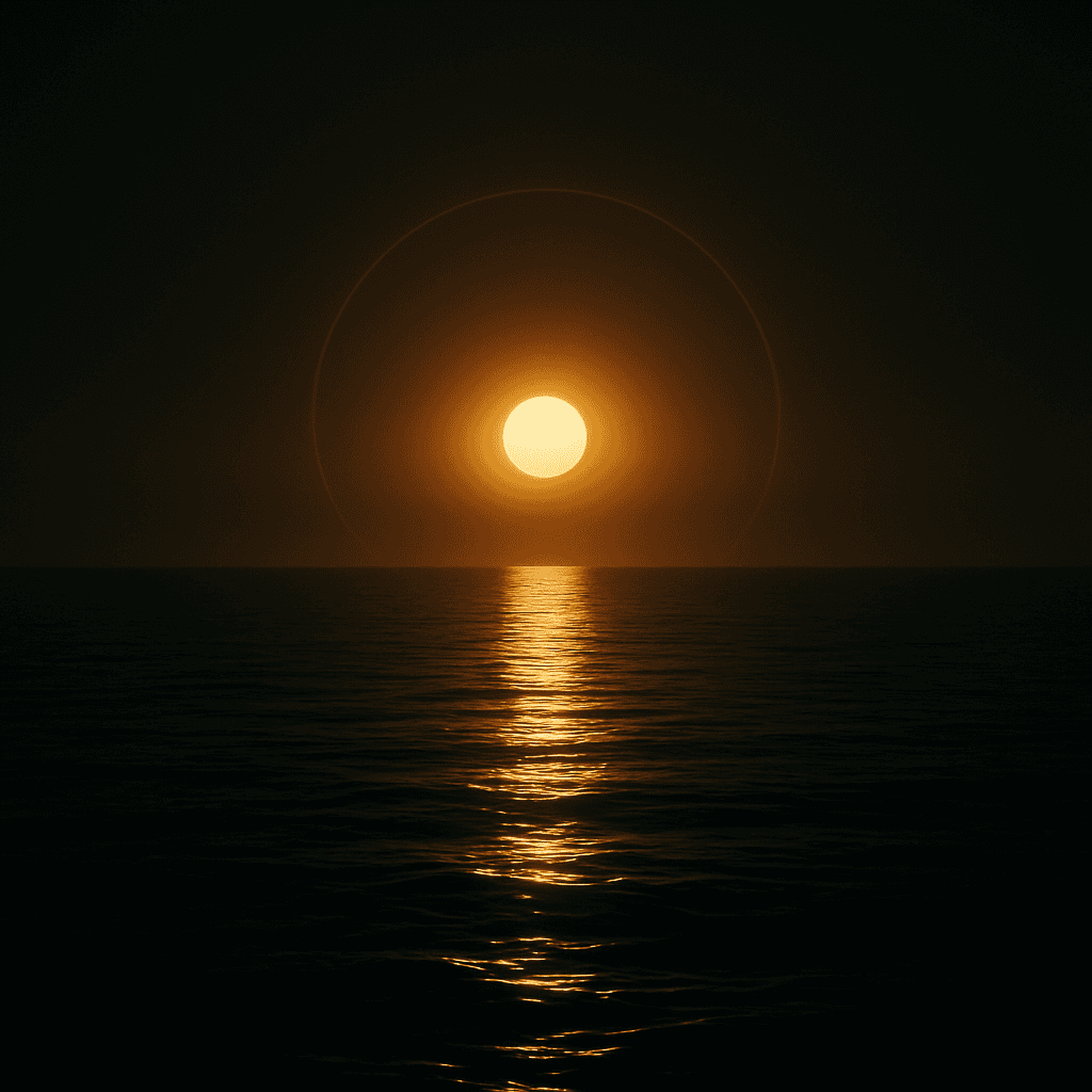A golden sun glowing low over calm ocean water with its reflection streaking across the surface